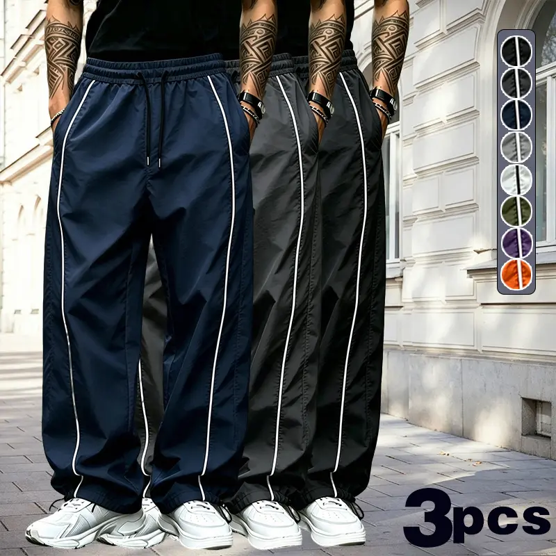 Men's American Style Side White Stripe Wide Leg Casual Pants Summer Lightweight Quick-Dry Paratrooper Pants Loose Straight Sport Long Pants