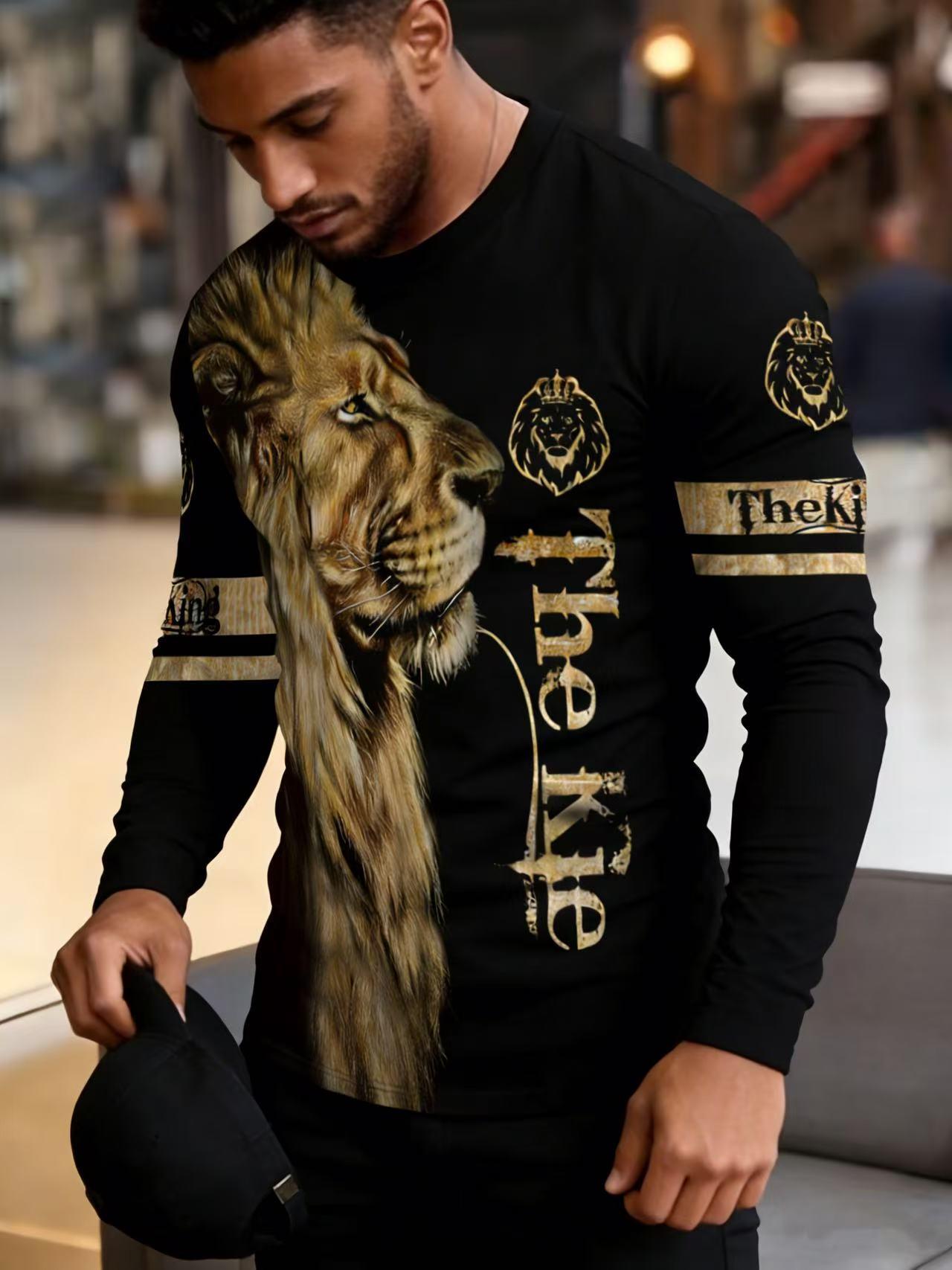 Men's Casual Long-Sleeve 'King' Lion Print T-Shirt - Black and Gold Animal Print, Fashion Crown Emblem, Casual Streetwear, Perfect for Daily Casual Wear