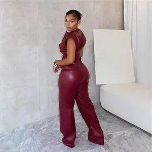 New women's long pants sleeveless leather jumpsuit fabric polyester women's dress style basic style