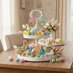 PIONEER-EFFORT 5 Pcs Wooden Peter Rabbit Style Easter Decor Set - 3 Handcrafted Bunny Figurines & 2 Hanging Egg Ornaments with Glossy Epoxy Finish - Vintage Spring Mantel & Tabletop Display