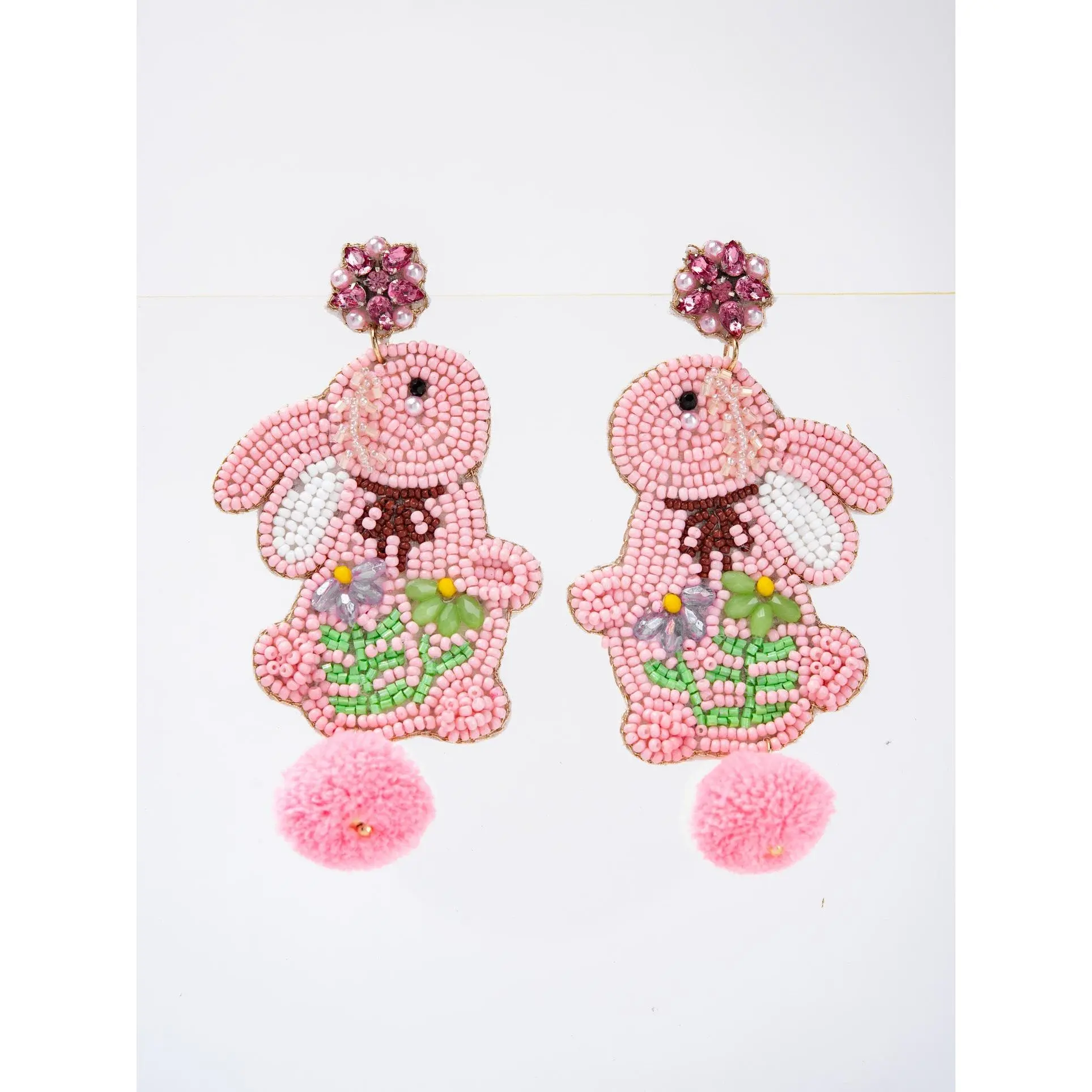 Emilia Cotton Ball Tail Easter Rabbit Beaded Earrings
