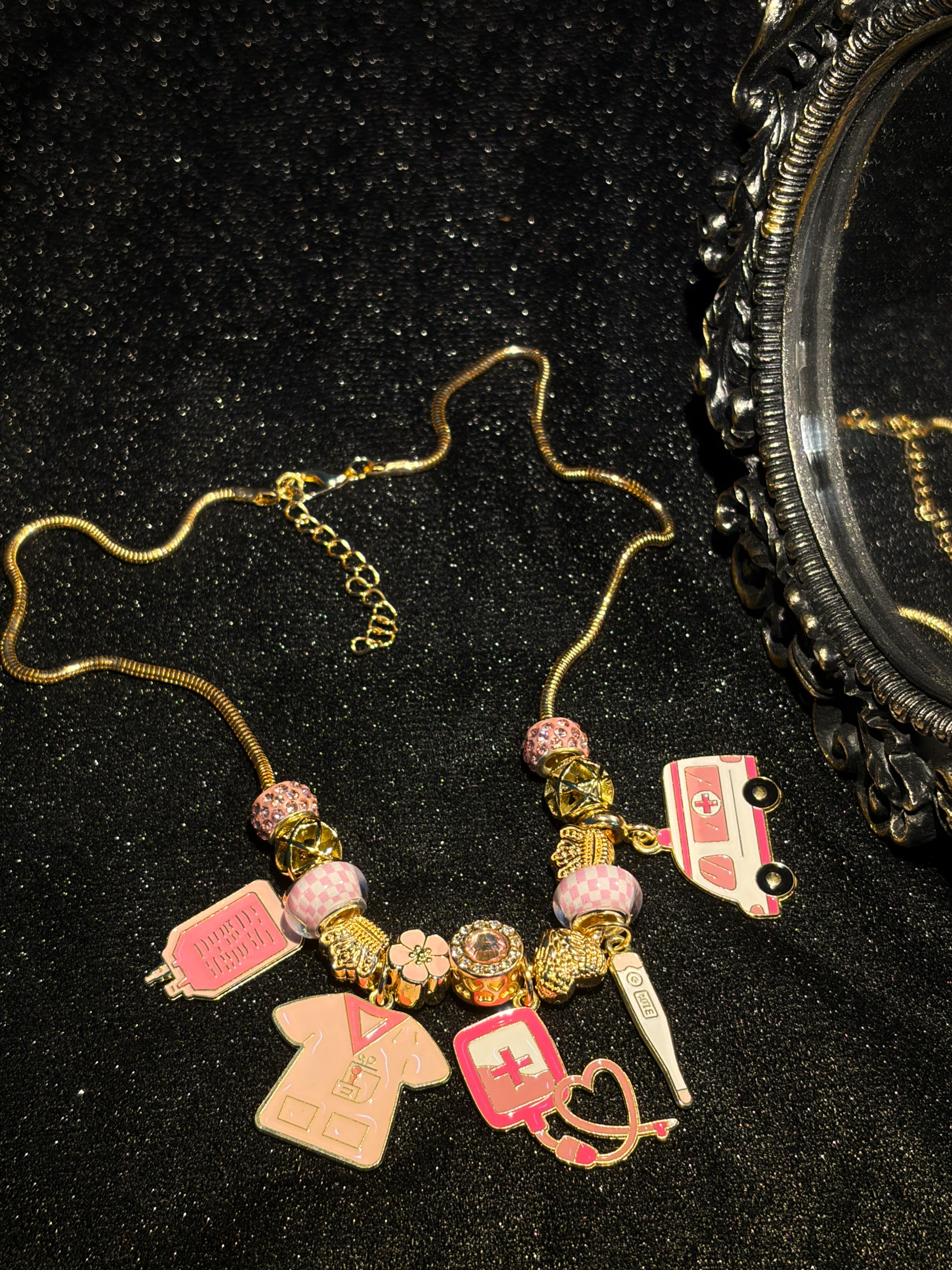 Pink Enamel Charm Necklace for Women, Fun Cartoon Style Pendant Necklace with Multi Charms, Gold-tone Adjustable Snake Chain Beaded Statement Jewelry, Sweet Gift for Daily Wear