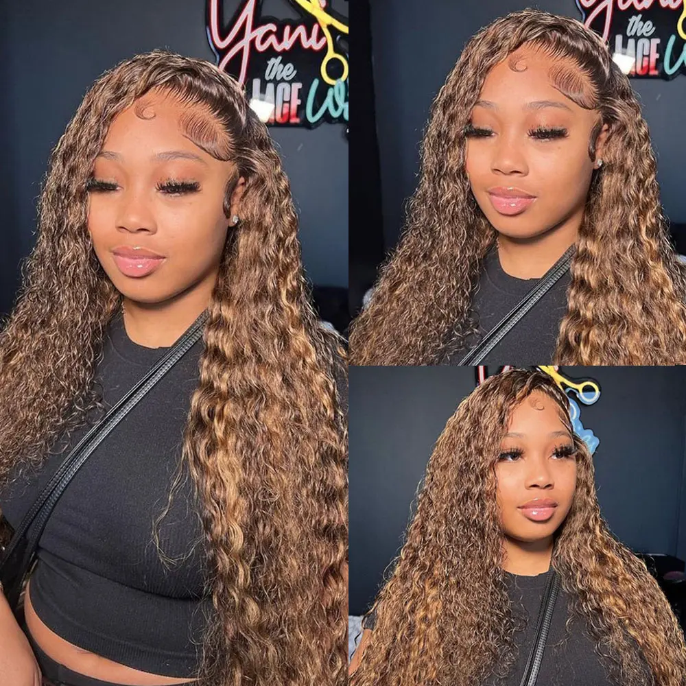 [220% Density] ZLIKE 34 Inch Honey Blond Water Wave 13X4 Lace Frontal Virgin Human Hair Highlight color Wigs Pre Plucked Natural Hairline