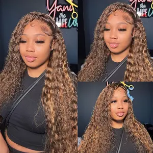 [220% Density] ZLIKE 34 Inch Honey Blond Water Wave 13X4 Full Lace Frontal Virgin Human Hair Highlight color Wigs Pre Plucked Natural Hairline