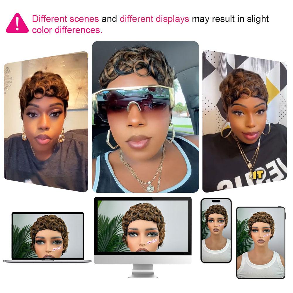 ShowReal 025 Short Pixie Cut Egg Wavy Curly Bomb Black Colorful Mommy Wig Pin Curls Brizalian Virgin Human Hair Cute Style Wigs For Black Women Daily Party Use