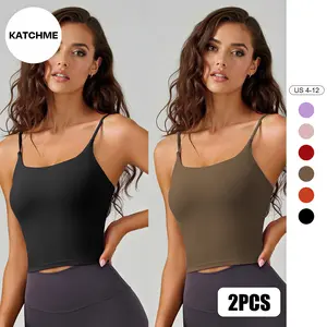 KatchMe Women's Basic 2 Piece Solid Color Thin Strap Seamless Built-in Bra Padded Camisole, Super-Breathable 2-in-1 Camisole, Athletic Shelf Bra