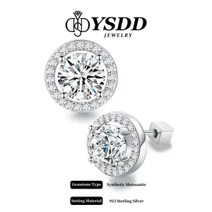 【#25】Synthetic Moissanite Round Halo Earrings Stud in 925 Sterling Silver for Women Men Hip Hop Jewelry Gift