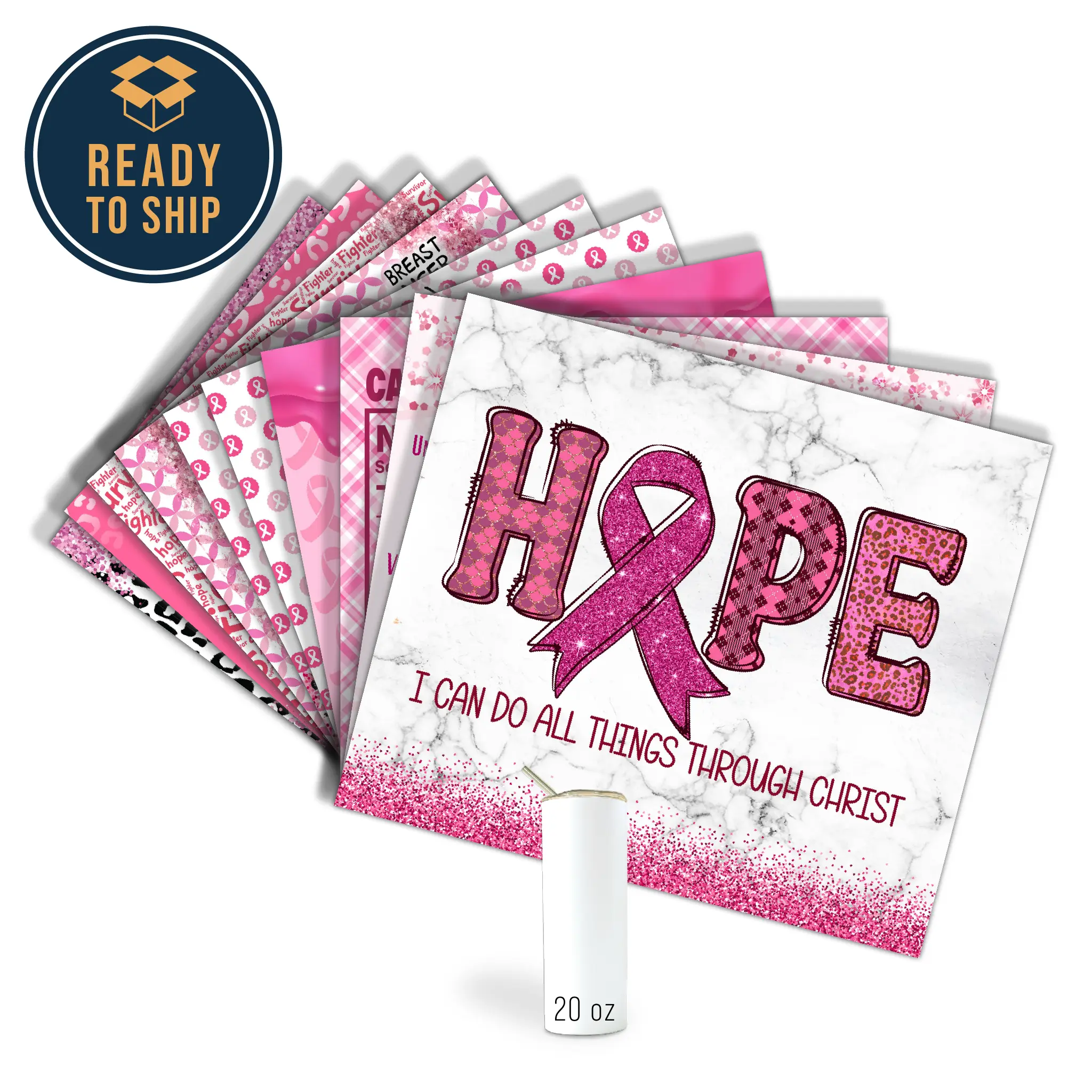 Assorted Ready to Press Sublimation Prints for 20oz Straight Skinny Tumblers (10 Pack) - Breast Cancer Awareness