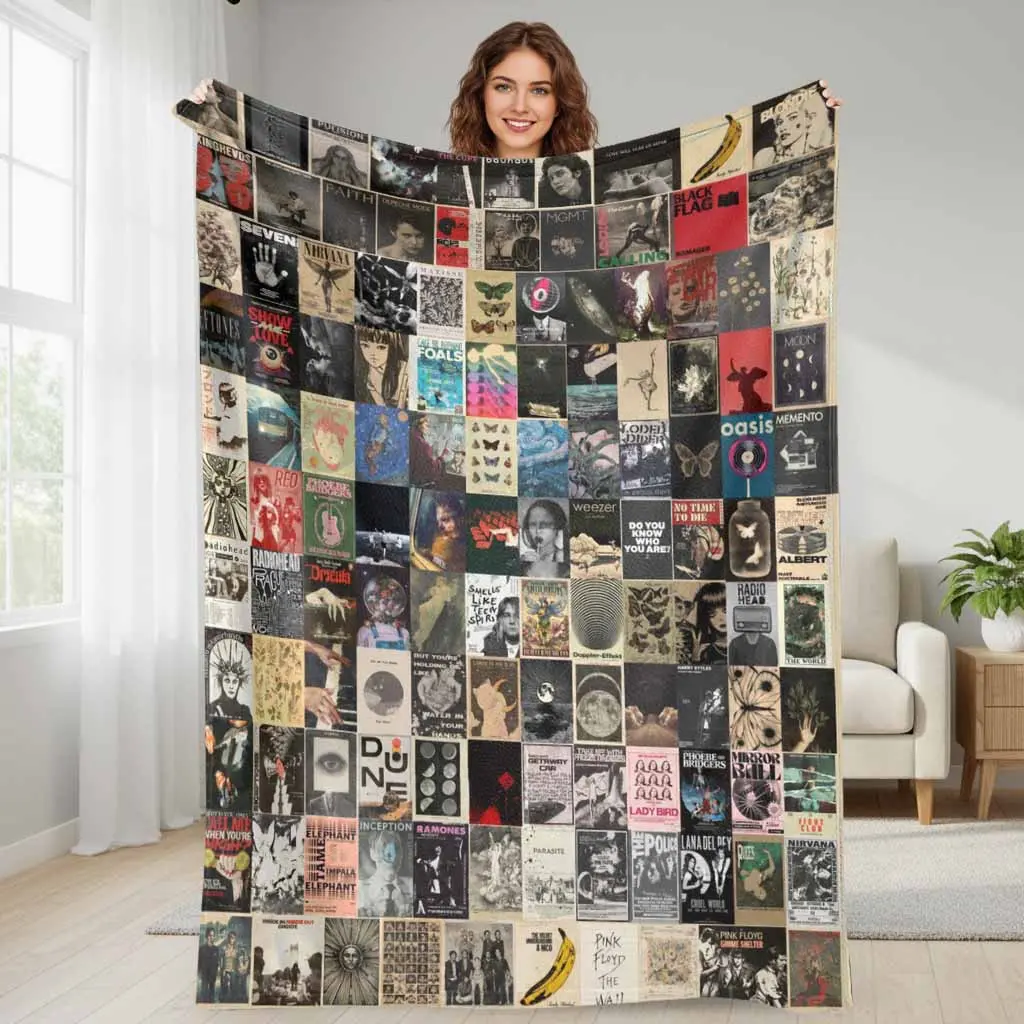 Vintage Music Poster Collage Flannel Throw Blanket Indie Rock Band Aesthetic Print Super Soft Lightweight Cozy Bedding Bed Sofa Couch Living Room Camping Travel Gift