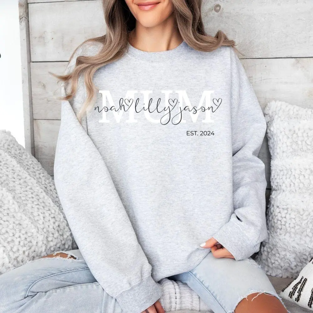 Custom MUM Est. 2024 Jumper with Script Names Across Chest | Personalized Gift for Mum & Nan | Unique Layered Text Design Sweatshirt | Aesthetic Mama Outfit