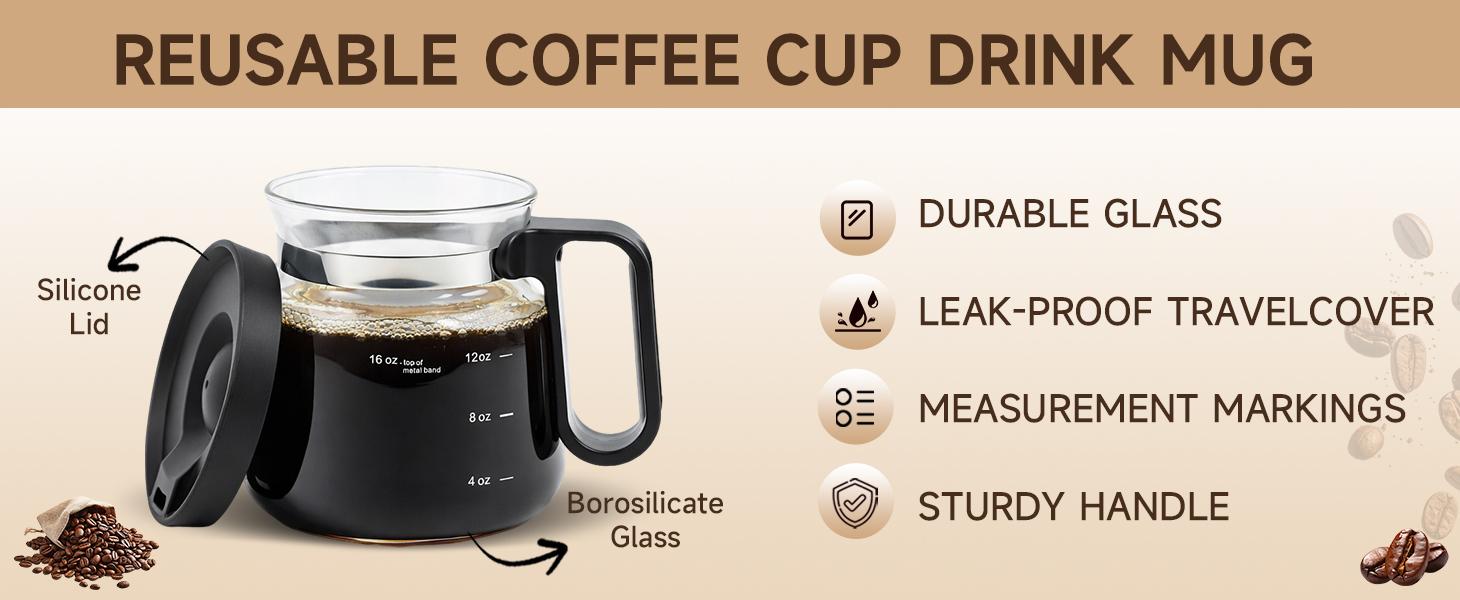 16 Oz Coffee Pot Mug,Mini Coffee Pot Cup,with Spill Proof Lid Heatproof Glass Mug Large Capacity ideal Gift for Coffee Lovers (1pcs)