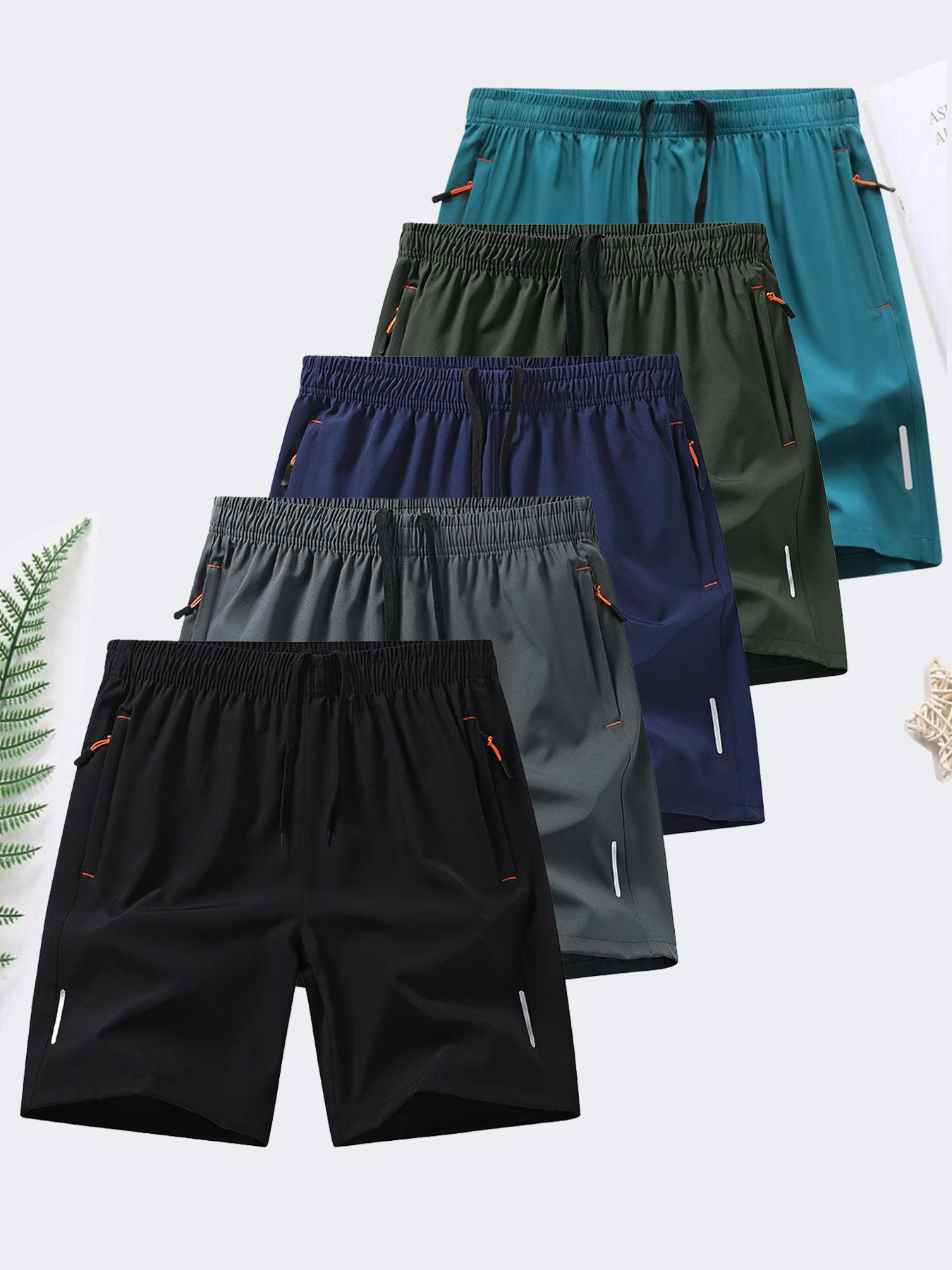 6-piece set, men's zipper pocket shorts, summer ice silk beach shorts, ice-sense quick-dry sports casual pants, basketball shorts thin, plus-size men's clothing reflective strip design,  Menswear，Plain Trouser，suitable for running and fitness. Beige