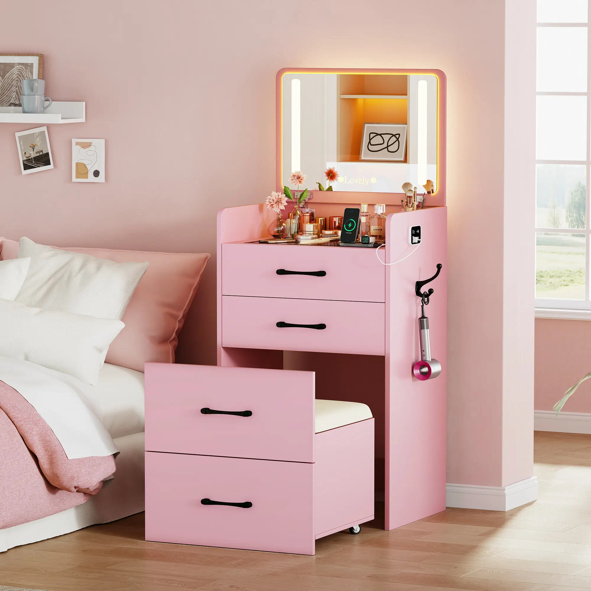 Lvifur 3-in-1 Compact LED Vanity Desk with Mirror, Storage Drawers & Stool - Modern Lighted Makeup Vanity for Bedroom, Dorm Organization, Modern Makeup Vanity