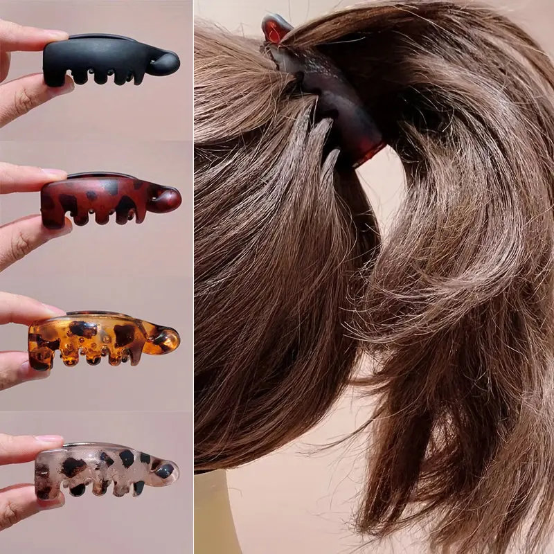 4 Single Non-Slip Banana Hair Clips for Women- Vintage Oval Leopard Print, Amber and Black, Suitable for Secure Ponytails, Bun Hairstyles, and Curly Hair Styles