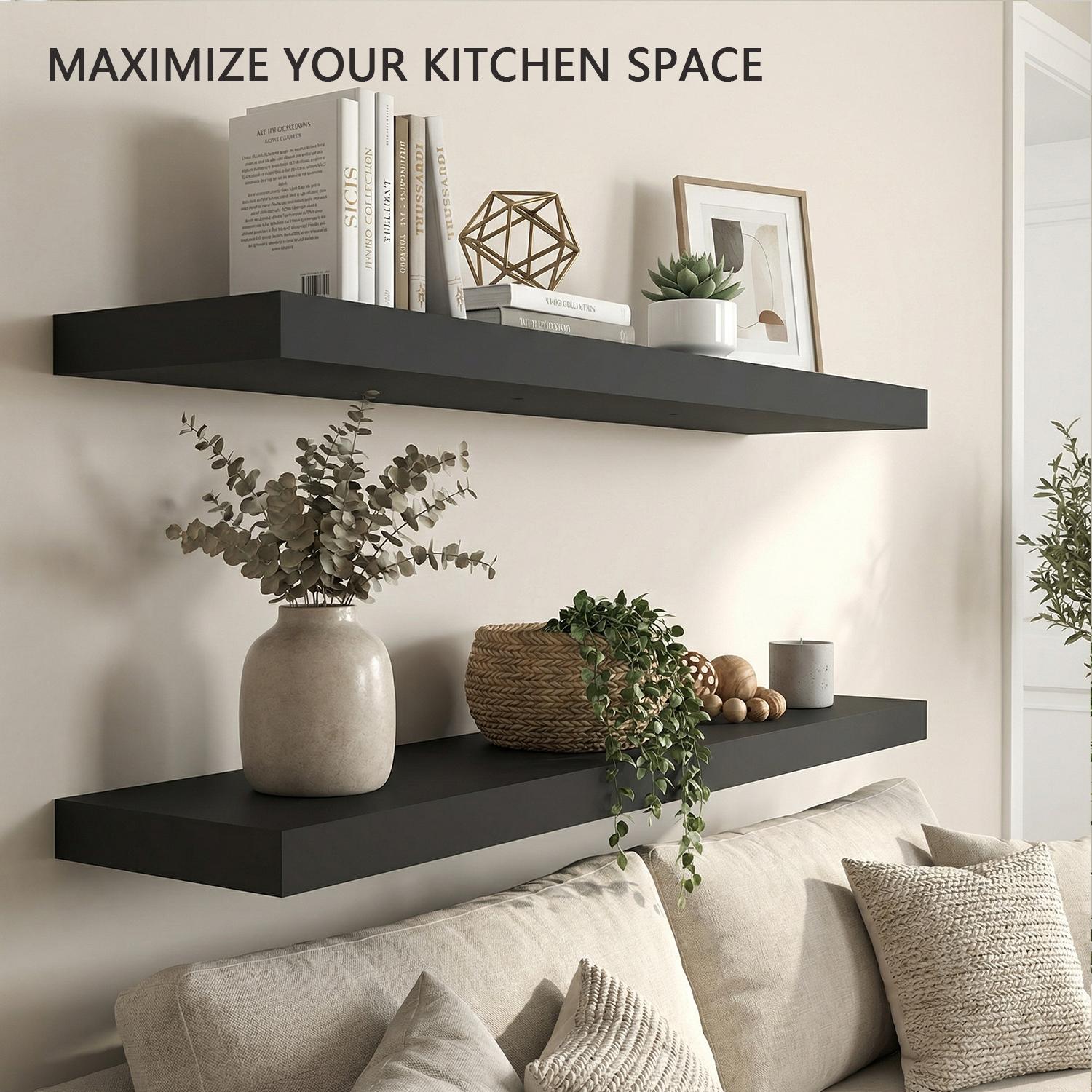 Spaco 35.4" Maple Black Floating Wall Shelves - Modern Wood Storage for Bathroom, Bedroom, Kitchen & Living Room (Invisible Brackets, Decorative & Functional for Books & Organization) Spaco 35.4" Maple Black Floating Wall Shelves - Modern Wood Storage for Bathroom, Bedroom, Kitchen & Living Room (Invisible Brackets, Decorative & Functional for Books & Organization)