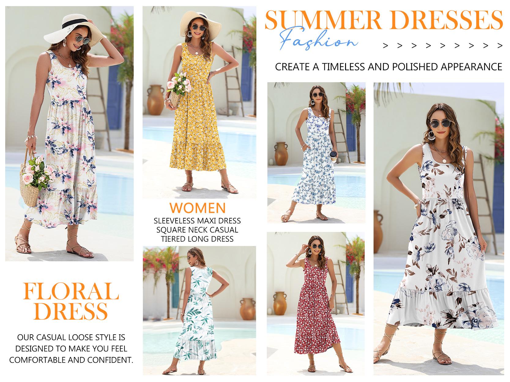 AUSELILY 2026 Womens Summer Dresses Sleeveless Maxi Dress Square Neck Casual Tiered Swing Dress with Pockets Summer Dress Sunshine Floral SpringStatements