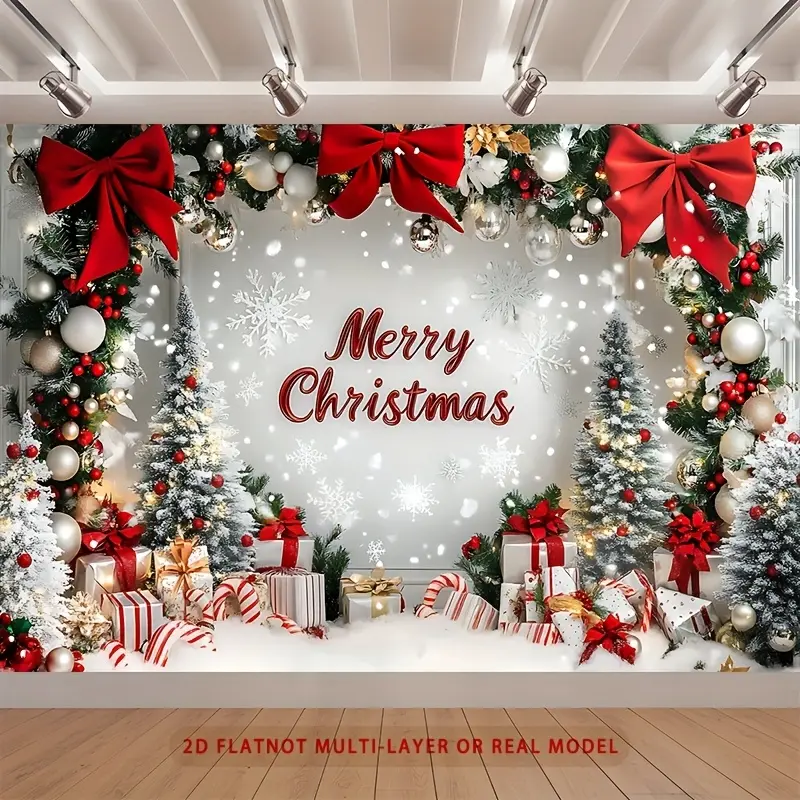 2D Flat Polyester Christmas Party Banner - Festive Home Supplies Backdrop with Christmas Tree, Snowy Scene, Decorative Bows, Wrapped Gifts, Ideal for Home Room Wall Decoration, Holiday Ceremony Baby Shower Cozy Ornament