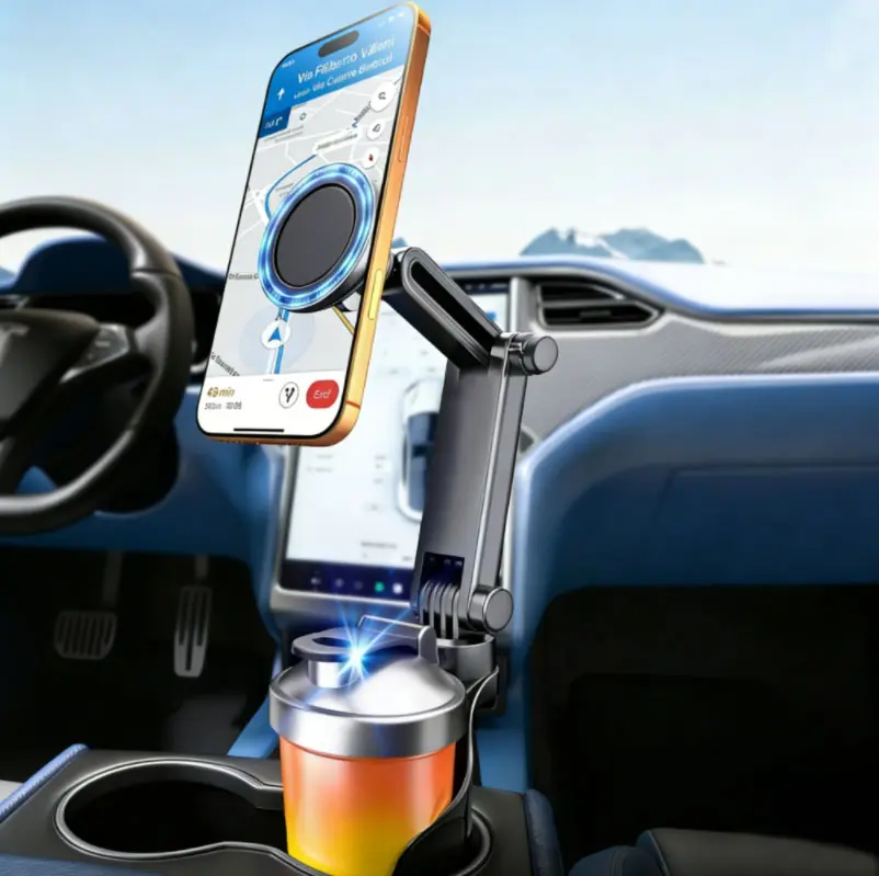 2-in-1 For MagSafe Cup Holder Phone Mount for Car - N55 Magnet, Dual Bases, 15" Height, Metal Ring Included, Fits Most Cup Slots, Magnetic Hold, MagSafe Snap-On, Compatible with iPhone 17/16/15/14/13/12 Series & Other Smartphones