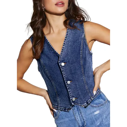 Sidefeel Women's Denim Vest Sleeveless V Neck Zimbaplatinum Jean Vest Top Button Down Crop Waistcoat Vest Fall Outfit Fall Outfit