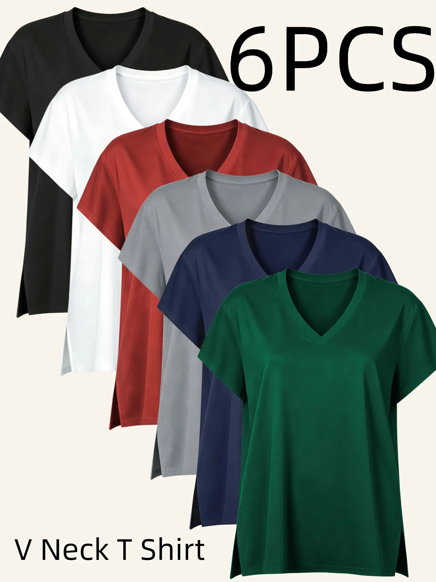 OKP Basic Women's 6-Pcs V-Neck T-Shirts - Spandex, Stretchy, Breathable, High-Low Loose Fit, Split Hem Casual Summer Womenswear Tops