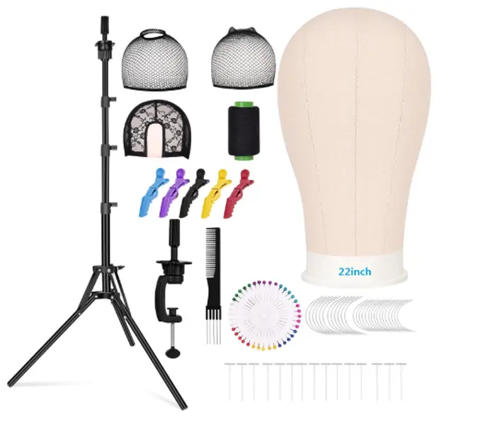 63inch Tall Wig Stand Tripod with 22inch Mannequin Head, Canvas Block Wig Head Included Adjustable Holder and Wig Caps Kit for Multiple wigs,