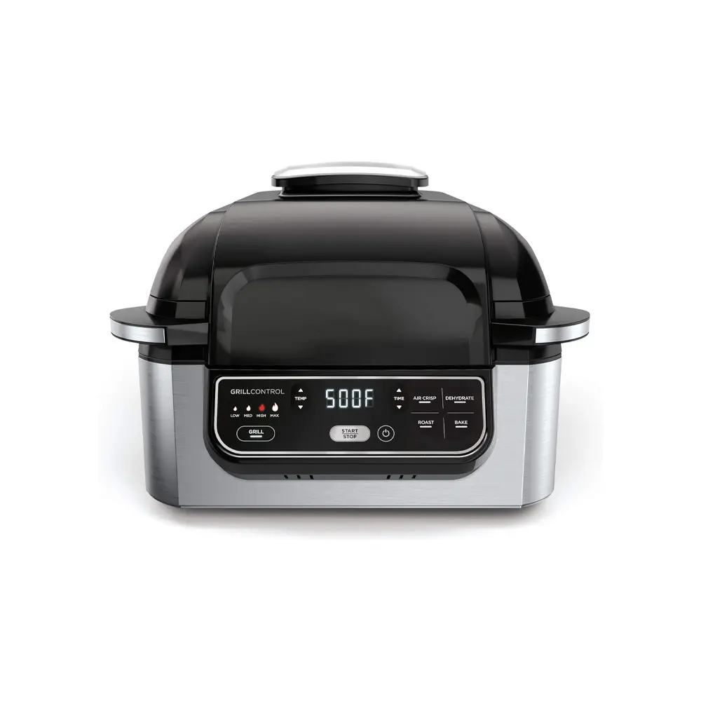 5-in-1 Indoor Electric Grill with Air Fry, Roast, Bake or Dehydrate, Programmable Air Fryer with Grill Grate, 6-qt Cooking Pot with Crisper Basket for Indoor, Kitchen, Dishwasher Safe, Black/Silver