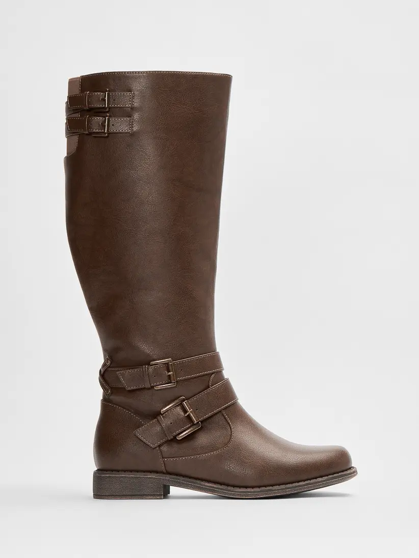 JustFab Women's Chunky Low Heel Eco Leather Riding Boots - Round Toe, Rubber Metal Buckles, Everyday Casual Wear Shoes