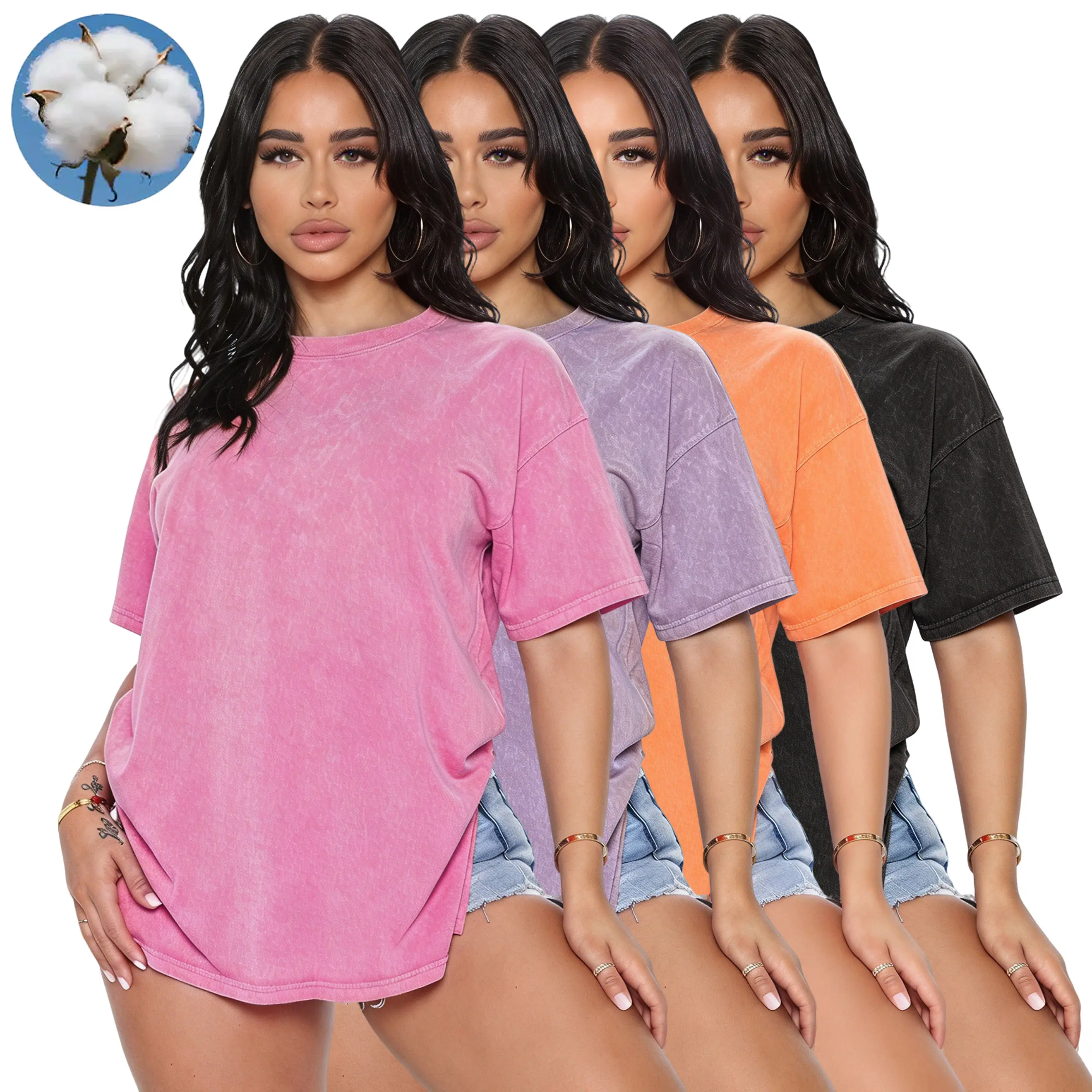 Women's 4-Pack T-Shirts - Casual Loose Fit Basic Crew Neck Shortsleeve Tshirt Tops with Solid Color Distressed Wash for Everyday Outings, Women's Clothes, Tops Women,clothes for back to school,first day of school outfits