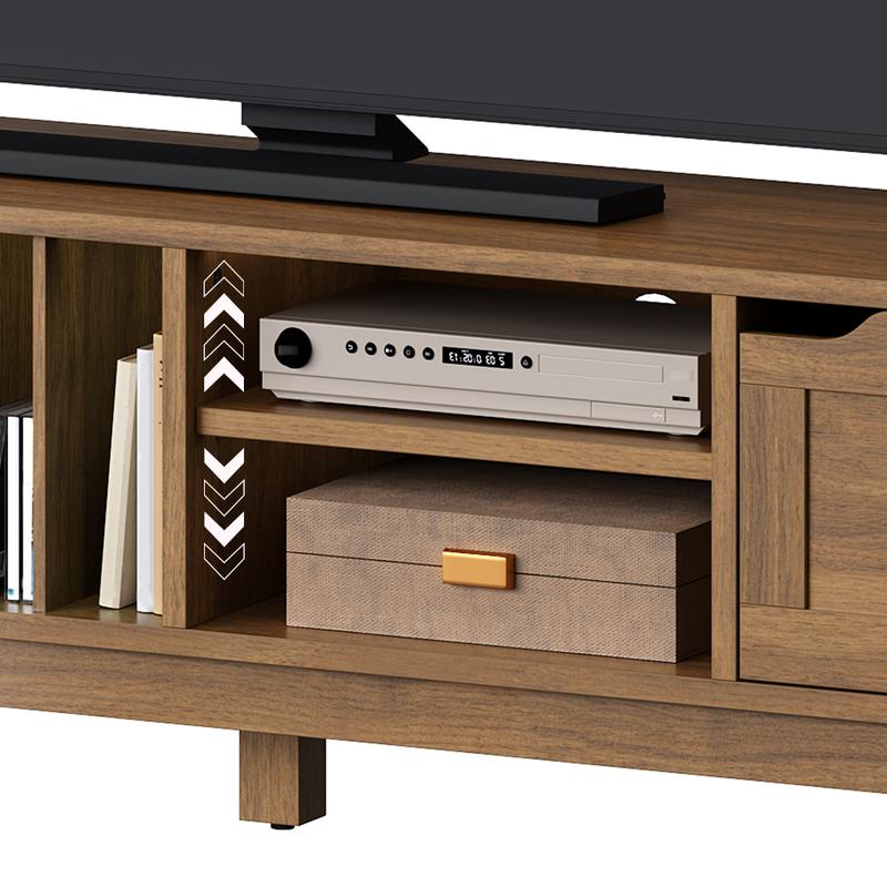 HOOBRO Modern TV Stand for TVs Up to 75 inches, Entertainment Center with 2 Cabinets, Open Compartments, 5 Adjustable Feet, Mid Century TV Console Table, for Living Room, Bedroom, Walnut