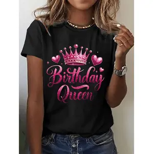 Birthday Queen Women's T-Shirt - Black with Pink Crown & Hearts Print, Casual Round Neck Short Sleeve, Medium Stretch Machine Washable Top for Spring Summer & Year-Round Wear