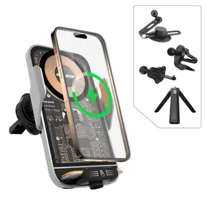 SPLACH Zippy Car & Desk Kit 15W Wireless Auto-Clamp Phone Holder with Vent Mount, Invisible Mount, Tripod and Charging Adapters for Car, Desk and Office Use, for iPhone 8 and Later & Other Qi-Enabled Phones, Fits 63–93 mm Wide Phones
