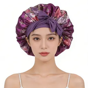 Double Layer Satin Bonnet with Tie Band - Non-Slip Sleep Cap for Curly Hair & Braids, Secure Adjustable Fit, Floral Designs, 36cm Diameter, Soft Silky Satin