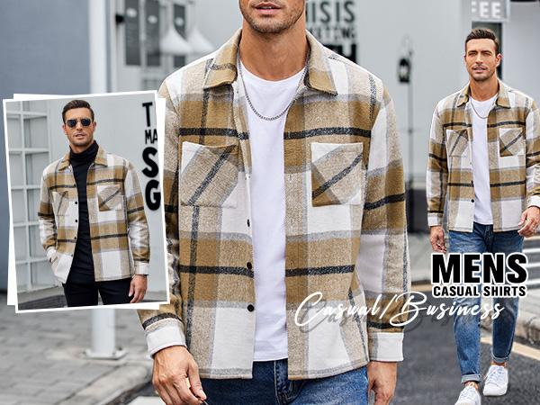 COOFANDY Lightweight Fall Outfits Classic Menswear Flannel Shirts Casual Button Down Plaid Shirt Jacket Long Sleeve Fleece Shacket with Pockets Coats  Outerwear Overall Stylish Corduroy Tops