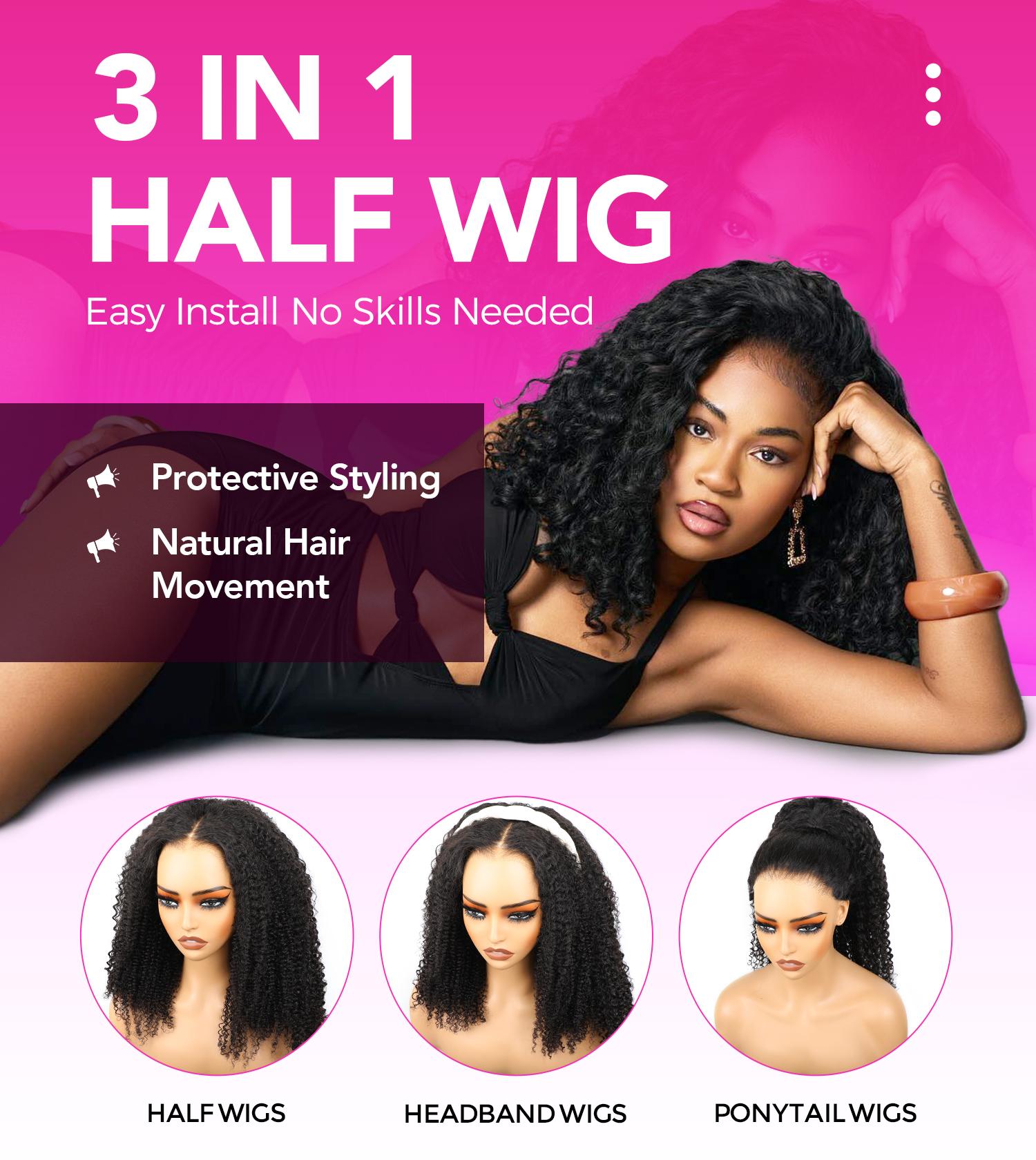 Vshow Water Curly 3 In 1 Half Wigs Glueless Human Hair Wigs With Drawstring Burmese Curly Pull and Go Wigs 250% Density Flip Over Glueless Half Wig Beginner Friendly Spiral Curly End Wigs #springfresh