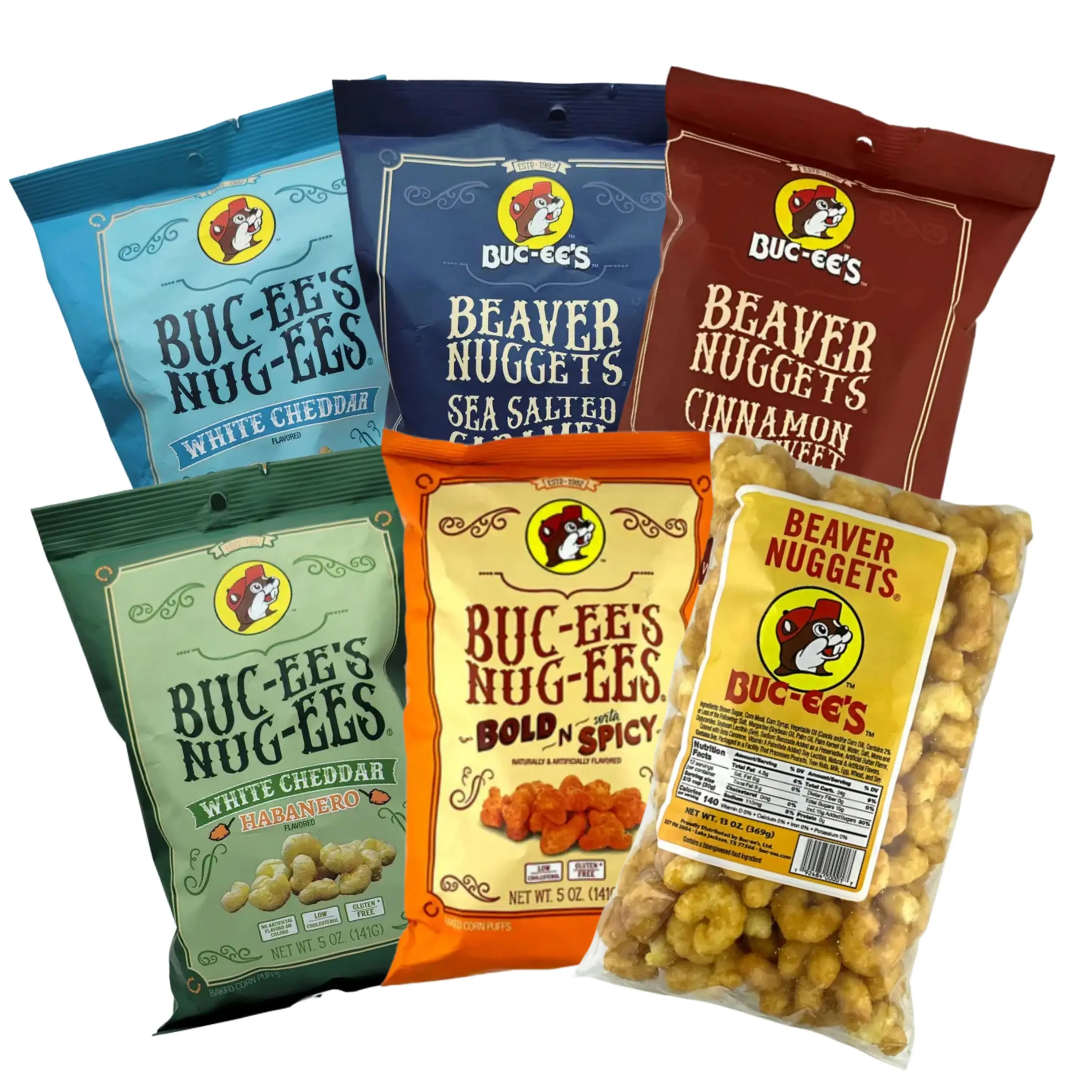 Buc-ee's Beaver Nugget Crunchy Puffed Snacks 6-Pack Bundle - Sweet & Spicy Flavor Variety with Sea Salted Caramel, White Cheddar, Habanero Cheese; Spicy Food for Snack Ideas, Late Night Needs