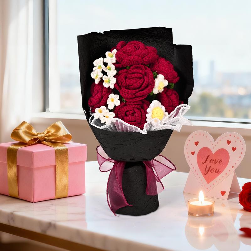 Valentine's Day Crochet Flower Bouquet Red Rose, Handmade Knitted Flowers for Valentine Home Decor, Birthday, Wedding, Anniversary, Graduation Gift for Her, Girlfriend, Wife, Women