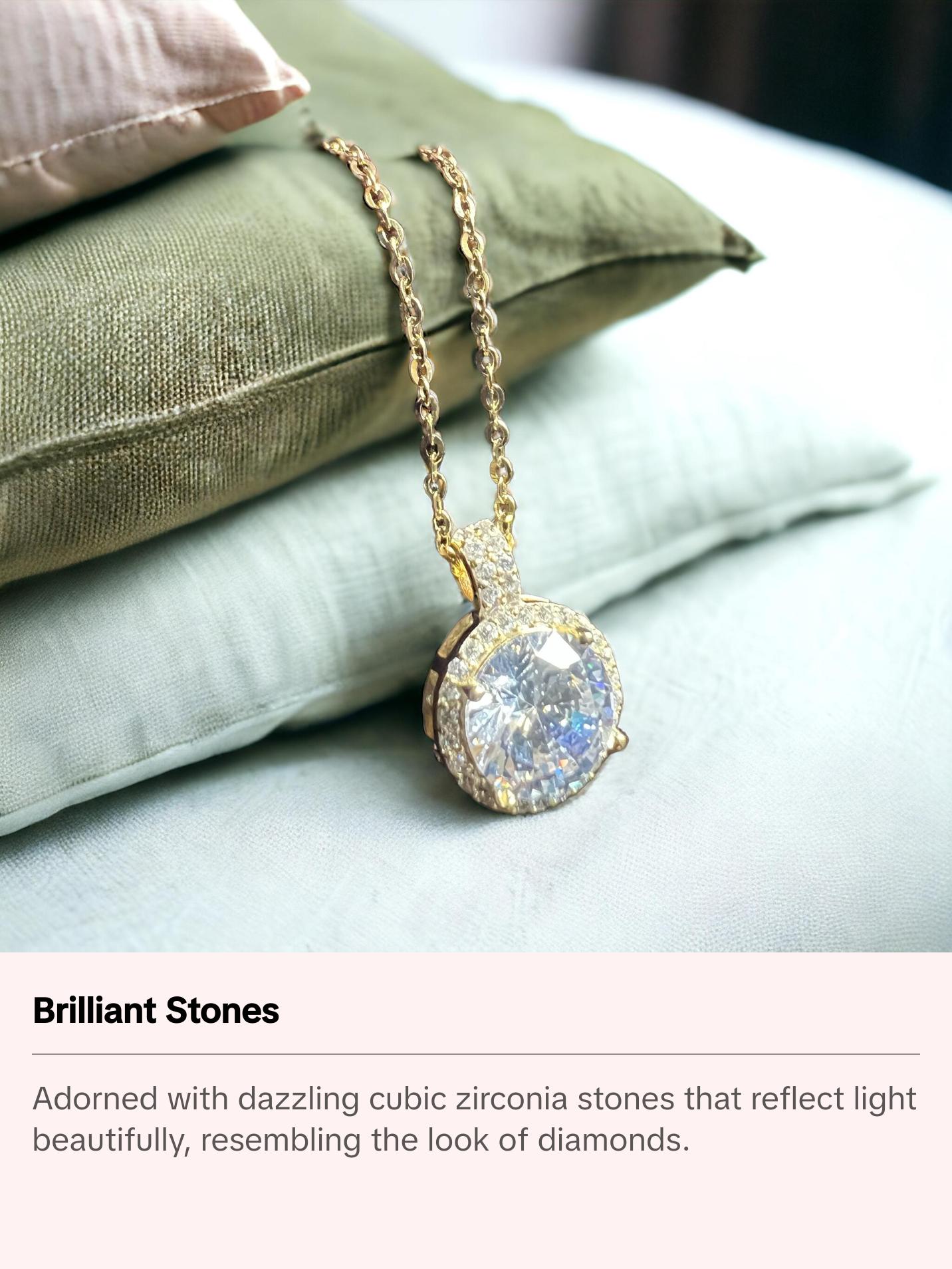 Gilded Elegance: Gold Cubic Zirconia Stud Earrings and Necklace Set in Sterling Silver