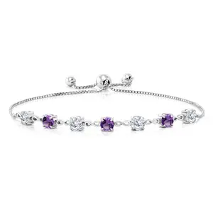 Gem Stone King 4.5MM Round Gemstone Birthstone and White Moissanite Infinity Tennis Bracelet for Women | 925 Sterling Silver | Fully Adjustable to 9 Inch | Fine Jewelry for Her Mom Wife