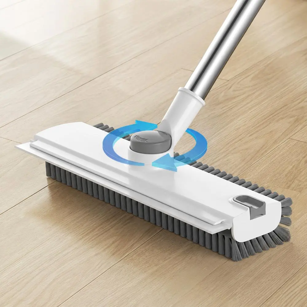 3-in-1 Ergonomic Extended Long Handle Floor Scrubbing Brush with Detachable Replaceable Scrape Edge Blade, Stiff Bristles, Long Lifespan - Multi-Zone Clean Tool for Bathroom, Kitchen, Backyard (White&Grey), Detachable Blade