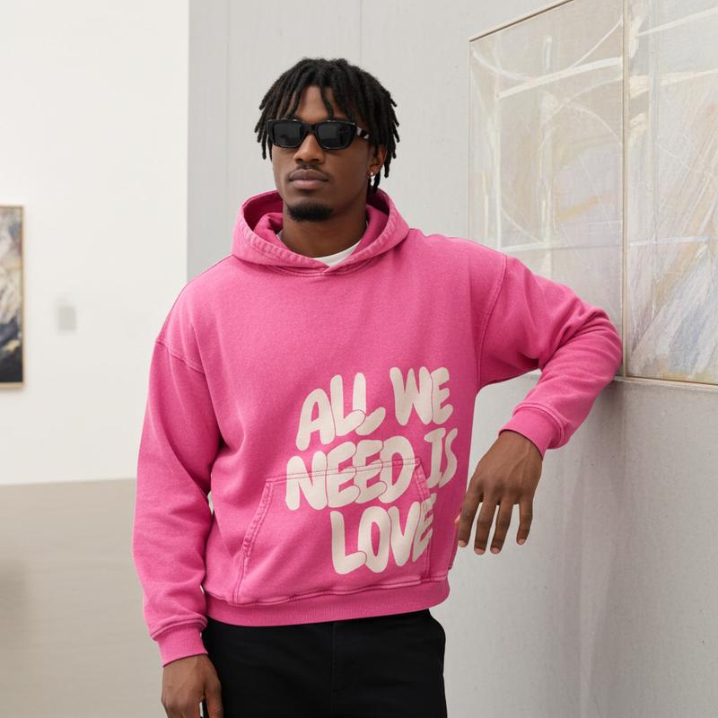 Sopula Studio Mens & Womens Tops All We Need Is Love Graphic Pink Vintage Washed Casual Pullover Cotton Hoodie
