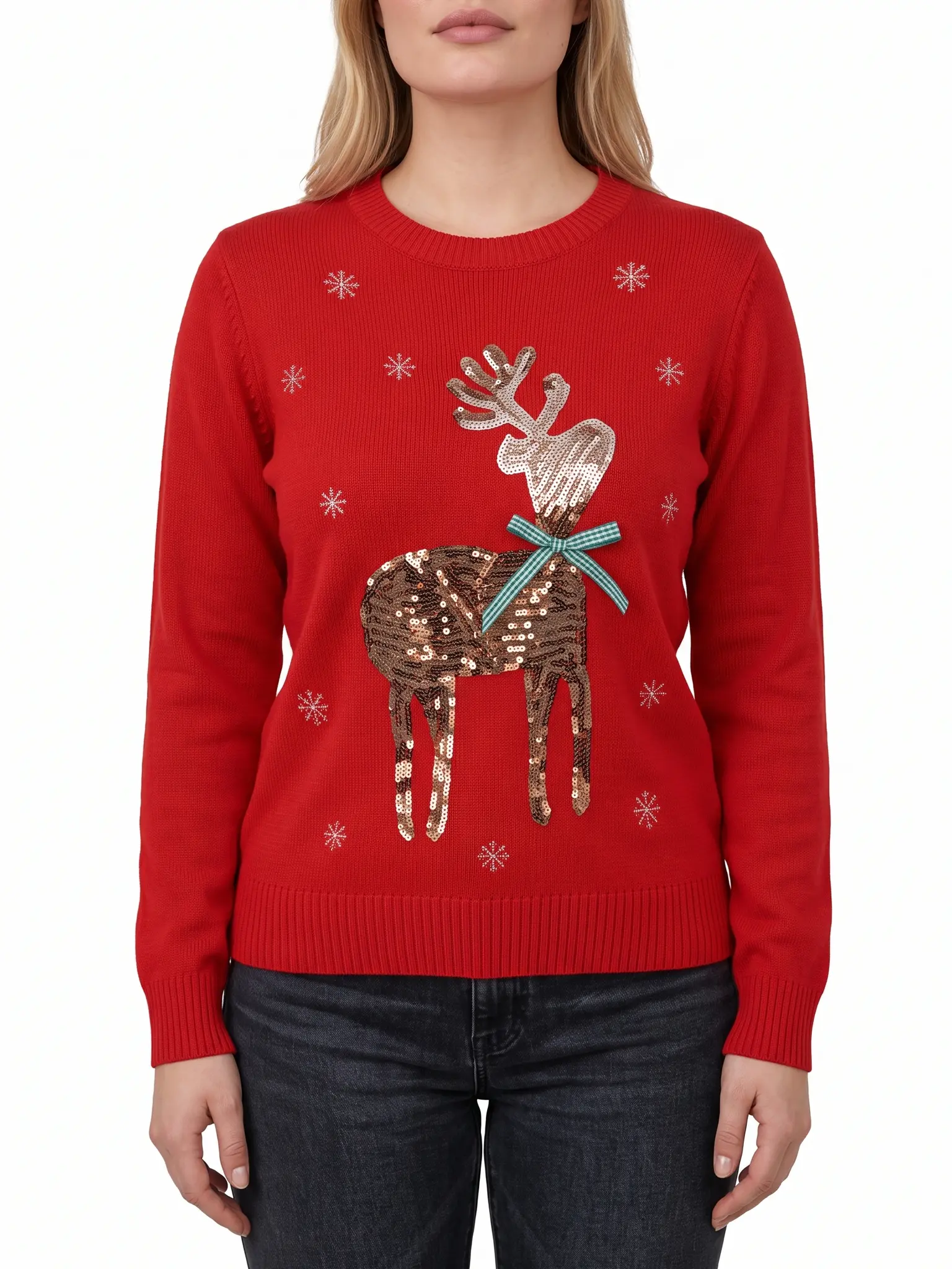 Crew Neck Reindeer Sweater for Women for Fall, Winter, and Christmas Parties