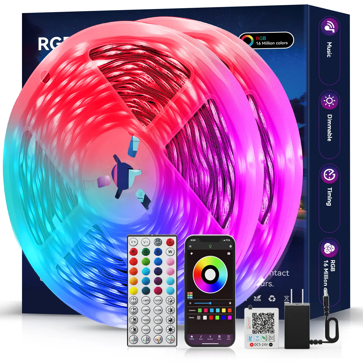 RGB LED Strip Lights luces led en el cuarto - 100FT/50FT/9.84FT Color-Changing Connected Decorative Illuminated LED Lights Bedroom App Control Music Sync Timer Dimmable Flexible Adhesive  Gaming Room Use Family Gift Color-Changing Led Strips