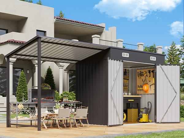 Aoxun 6x4FT Outdoor Storage Shed & Hardtop Gazebo Combo, 12x4FT Metal Lean to Shed with Open-Sided Pergola, 2-in-1 Durable Garden Tool Shed for Patio, Backyard, Deck