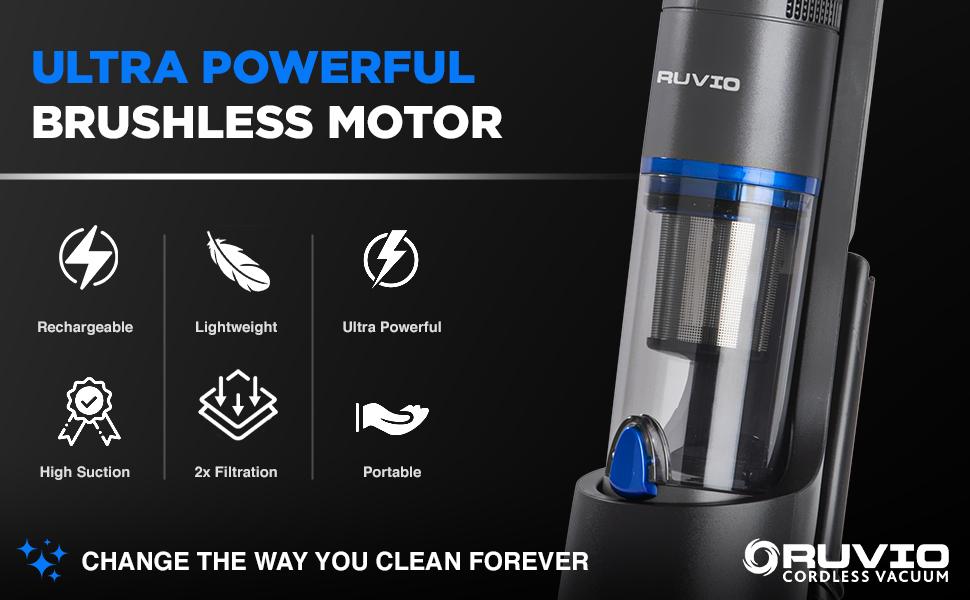 Ruvio PRO Cordless Hand Vacuum 17” Portable Vacuum Cleaner for Home and Car Use, Rechargeable Vacuum with Double HEPA Filtration System, High Power Motor Hand Vacuum Cleaner