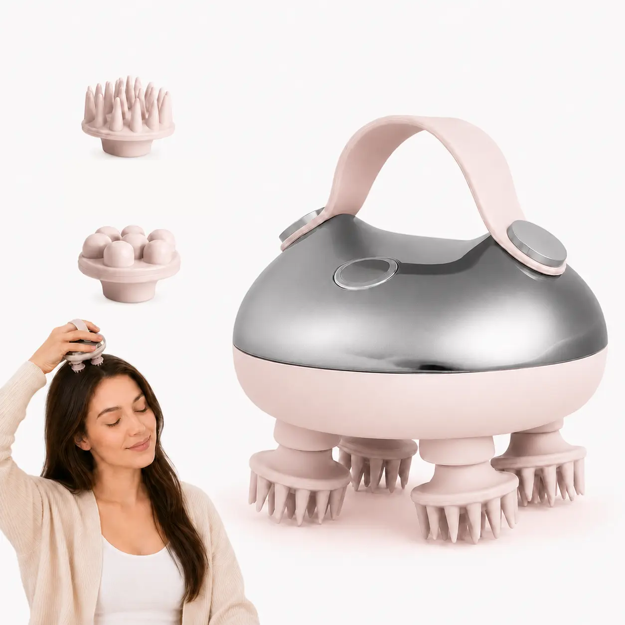 Cordless Electric Head Massager for Deep Kneading Stress Relief, USB-C Rechargeable Handheld Tool with 3 Modes & 2 Interchangeable Silicone Heads for Scalp, Neck, Shoulders, Removable, Head Massagers, Relaxation