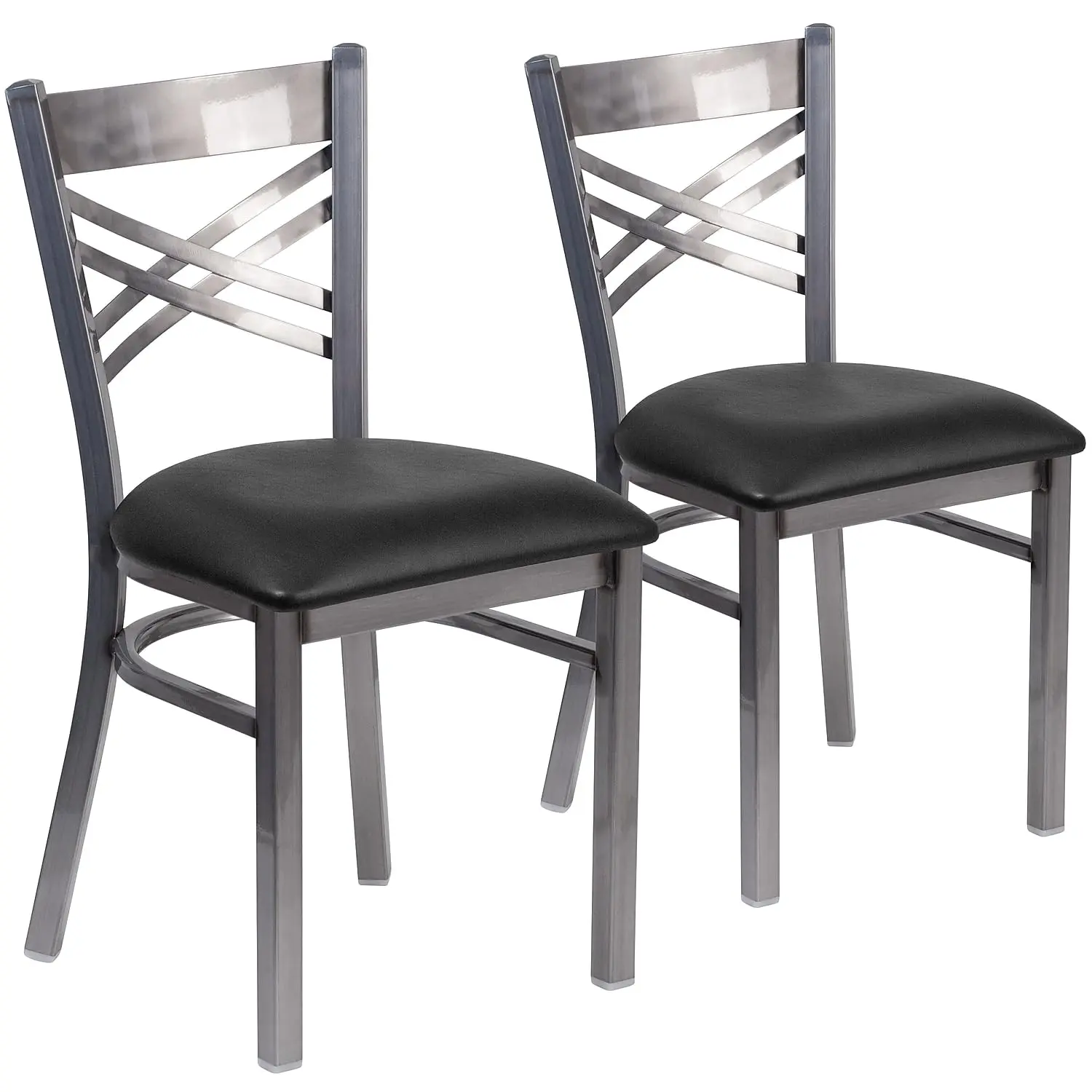 Flash Furniture 2 Pack HERCULES Series Clear Coated ''X'' Back Metal Restaurant Chair - Black Vinyl Seat Black Vinyl Seat,Clear Coated Metal Frame Set of 2