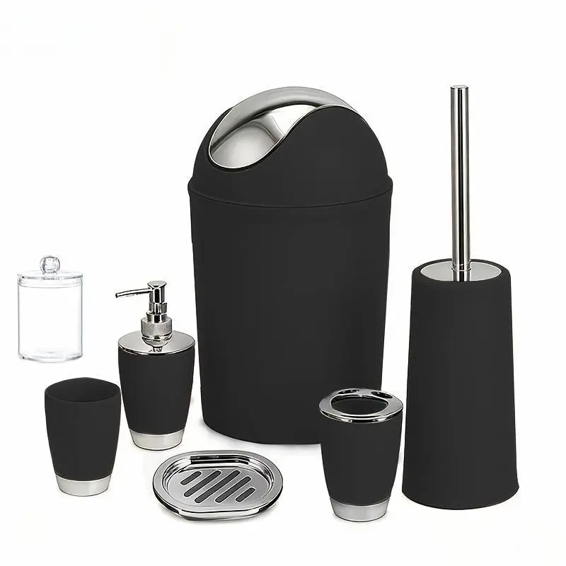 6pcs  Bathroom Accessory Set - Premium Quality Modern Style, Complete with Trash Can, Toilet Brush, Lotion Dispenser, Soap Dish, Mouthwash Cup & Toothbrush Holder - Space-Saving, Easy-to-Clean, Ideal for Bathroom Decor and Housewarming Gifts