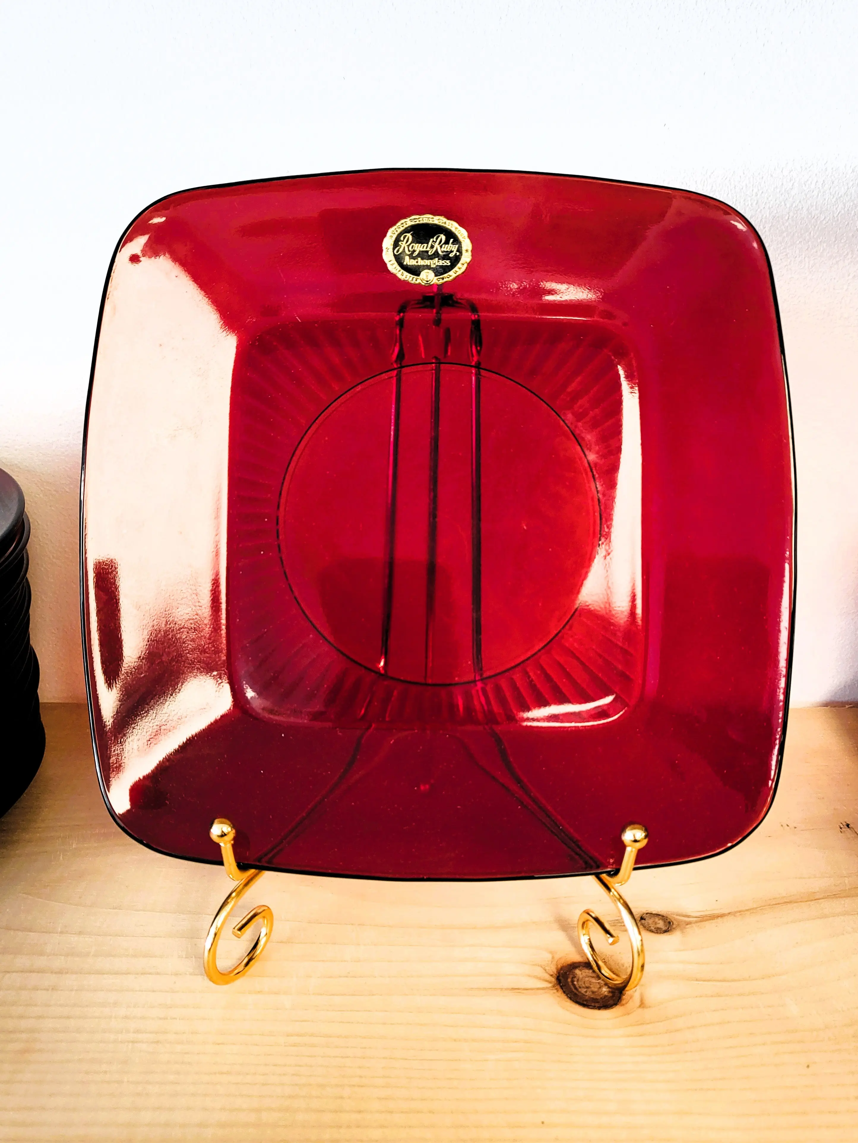 Royal Ruby Red Anchor Hocking Square Glass Dinner Plate - 1950s Mid-Century Collectibles, 8.5-9 in Retro Kitchen Tableware