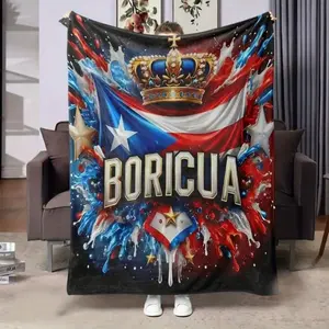Crown Flowers Flags of Puerto Rico Flannel Blanket - Super soft, non-detachable, machine washable, suitable for living room, bedroom, travel and camping - Brightly colored patriotic home decoration. Christmas gift, knitted home accessory.