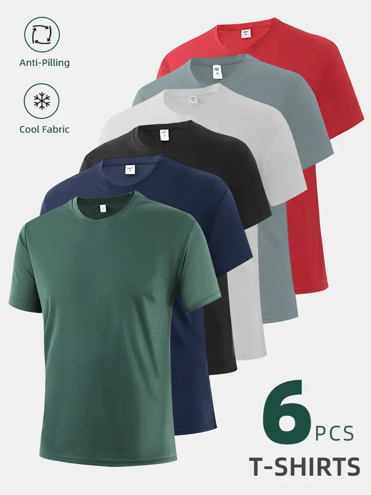 Men's 6-Pack Performance Crew Neck Tees - Textured, Breathable, Anti-Pilling Polyester Fabric, Athletic Fit, Streetwear, Classic, Plain, Short-Sleeve, Multicolor Summer Tops, Shortsleeve, Fitted, Menswear, Grid, Men's T Shirts, Gym, Sport Vintage